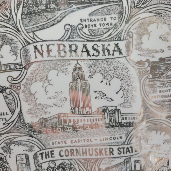 Vintage Nebraska Souvenir Plate 9" With State Capitol & Landmarks In Brow & Gold - Picture 6 of 15